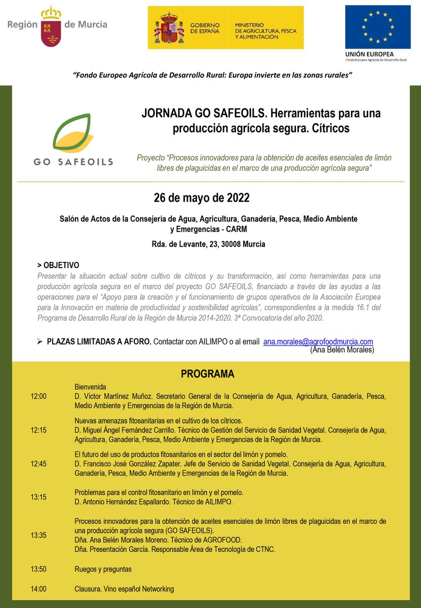 fecoam's tweet photo. Esta mañana asistimos en la Consejería @AgriculturaRM a la Jornada #GOSafeoils para analizar el cultivo de cítricos y su transformación y herramientas para una producción agrícola segura 🍋🍊 #AvanzandoJuntos https://t.co/0eXheWg2HL