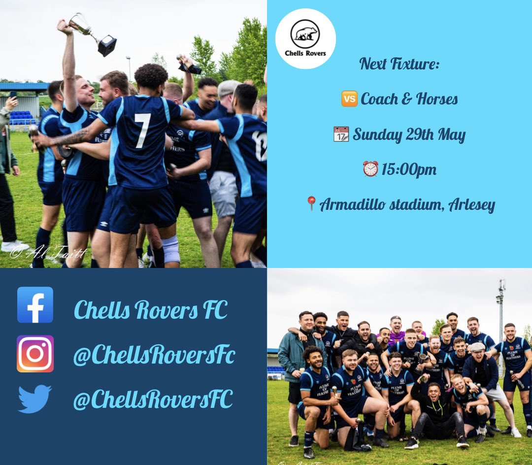 ChellsRoversFC's tweet photo. Final game of the season, a derby in the Carl Cozens cup final. Tickets £5 on the door, get yourself to Arlesey and get behind the Rovers this Sunday 🔵 https://t.co/kyGT51mSl1