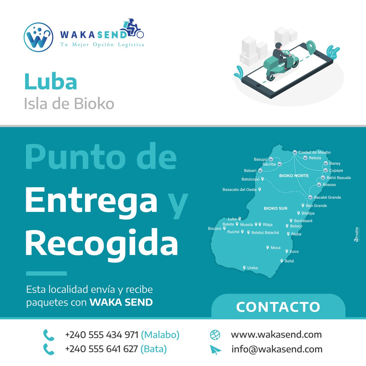 WakaSend's tweet image. Con WAKA SEND, Luba se conecta con toda la isla de Bioko enviando y recibiendo paquetes desde cualquier punto.