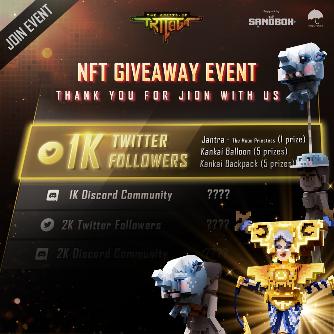 🎉Celebrate 1K followers

Giving away NFT from <a href="/TheSandboxGame/">The Sandbox</a> 
1x NFT Jantra - The Moon Priestess
5x Kankai balloon
5x Kankai backpack

Rules :
1⃣Follow <a href="/questsoftriloga/">Quests Of Triloga</a> 
2⃣Retweet + Like
3⃣Tag 3 friends

#NFT #NFTGiveaway #Sandbox #QOT