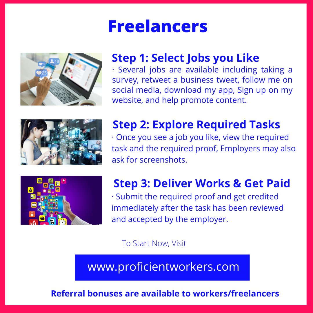 ProficientWork1's tweet photo. https://t.co/rH8GG6X9ty - Make money by doing what you do every day. Small gigs, big results. Small Gigs are easy to do and require little time to finish. Sign Up NOW @ https://t.co/yY0jStARuY.
#proficientworkers #freelancemarketplace #jobsoutsourcing #jobcrowdsourcing https://t.co/QjEbQvzybC