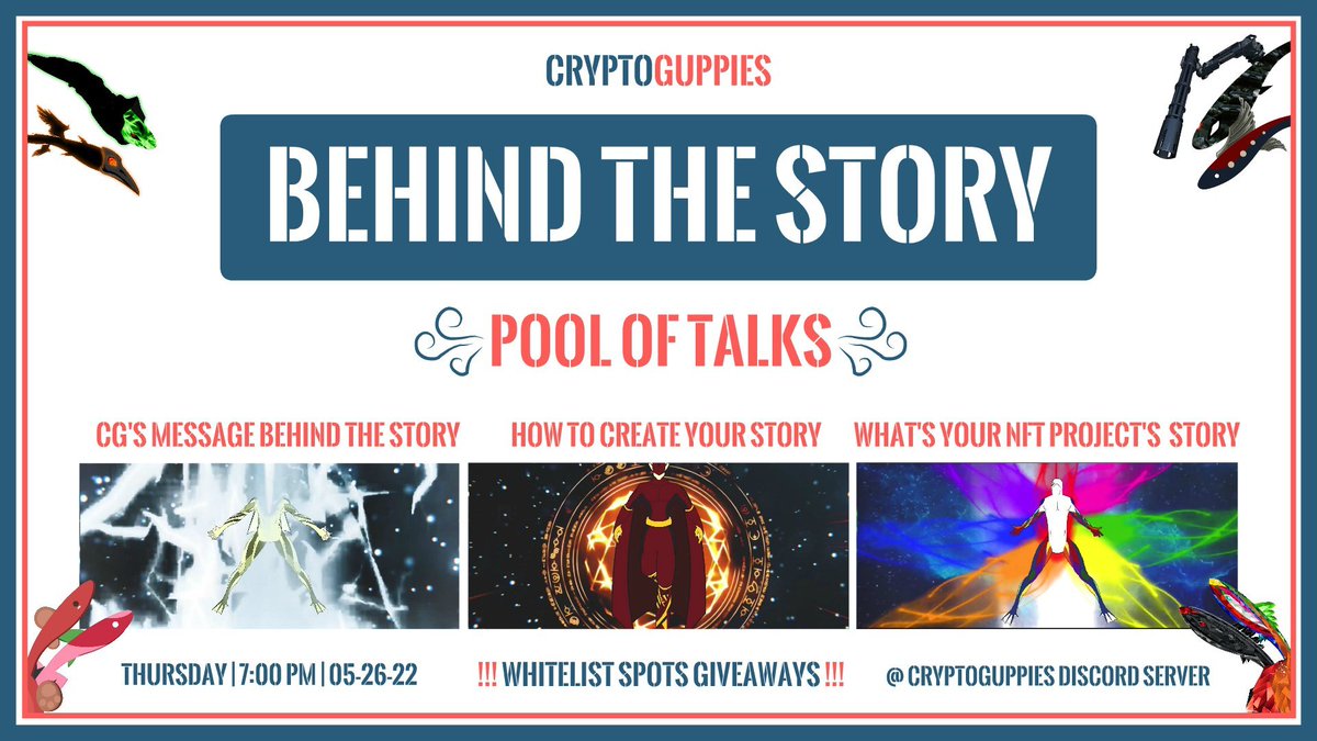Huayji_Gemini's tweet photo. Join us in our "POOL OF TALKS" ft. BEHIND THE STORY
as we talk about the meaning behind of cryptoguppies story and sharing how to create your own NFT project's story.

Also, they will give away 5 WL @CryptoGuppiesTw 
https://t.co/Iil7YPd7ej https://t.co/46z5vGW35r