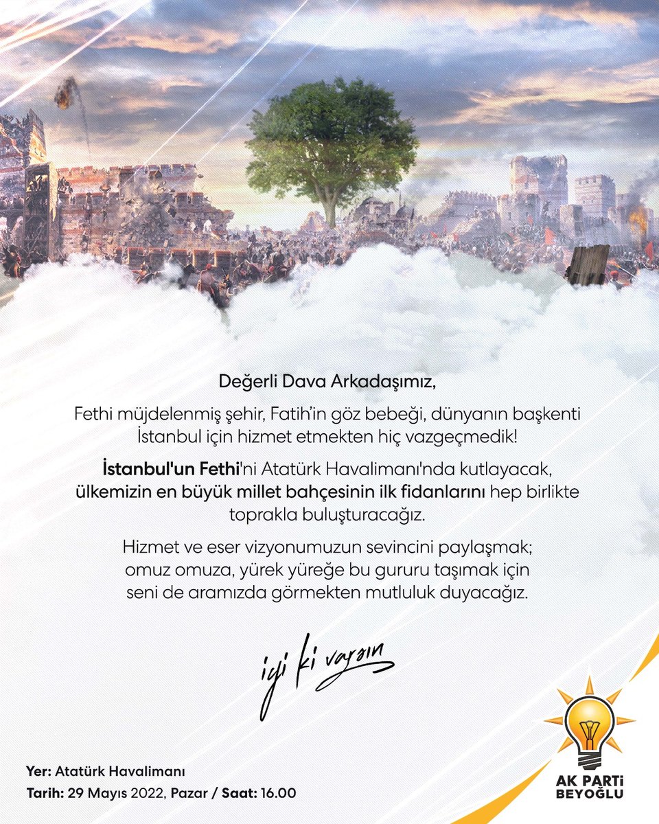 Av_EnesOzkan's tweet photo. Haydi Beyoğlu!

Haydi İstanbul!

Cumhurbaşkanımız Sayın Recep Tayyip Erdoğan'ın teşrifleriyle gerçekleştirilecek olan Fethin 569. Yılı ve Millet Bahçesi fidan dikme programına tüm halkımızı bekliyoruz.

🔔29 Mayıs Pazar saat 16:00

📍Atatürk Havalimanı https://t.co/BsGsmzNQml