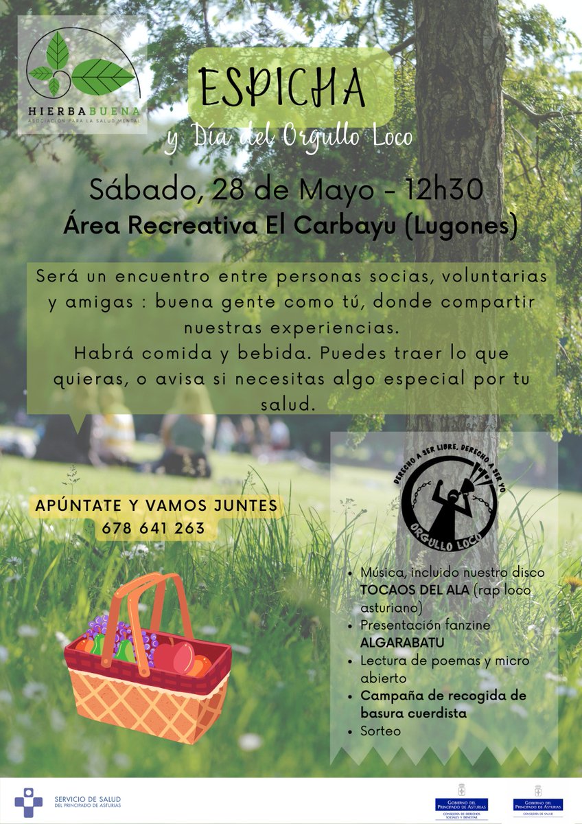 Hola Hierbabueners!
Este sáb 28 nos vemos: 12:30 en parque El Carbayu (Lugones) para la espicha #DiaDelOrgulloLoco : fanzine #Algarabatu, disco #TocaosDelAla, campaña "recogida de #BasuraCuerdista", sorteo y mucho más 👏🏻 
El #OrgulloLoco es nuestro, todas y todos podemos aportar!