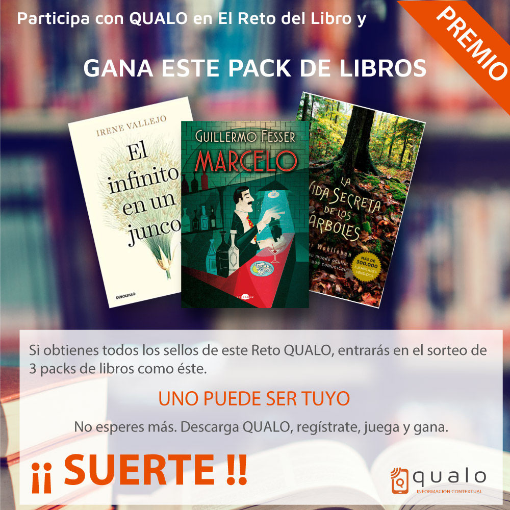 ¡Vuelve la feria del libro! Y qué mejor manera de celebrarlo que con un reto.
Descarga <a href="/qualo_app/">Qualo.App</a>  y úsalo para encontrar las cuatro casetas que te otorgarán un sello. Cuando obtengas los cuatro sellos, ¡enhorabuena! Habrás entrado en el sorteo del pack de estos tres libros.