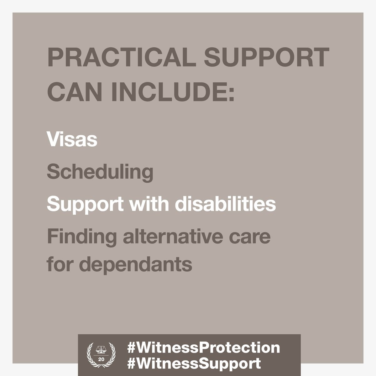 IntlCrimCourt's tweet image. #WitnessProtection 
#WitnessSupport

#ICC support staff offer practical support to witnesses so they can travel to the Netherlands to testify.

This may include help obtaining travel visas, scheduling testimonies when able, support managing any physical disabilities, and more.