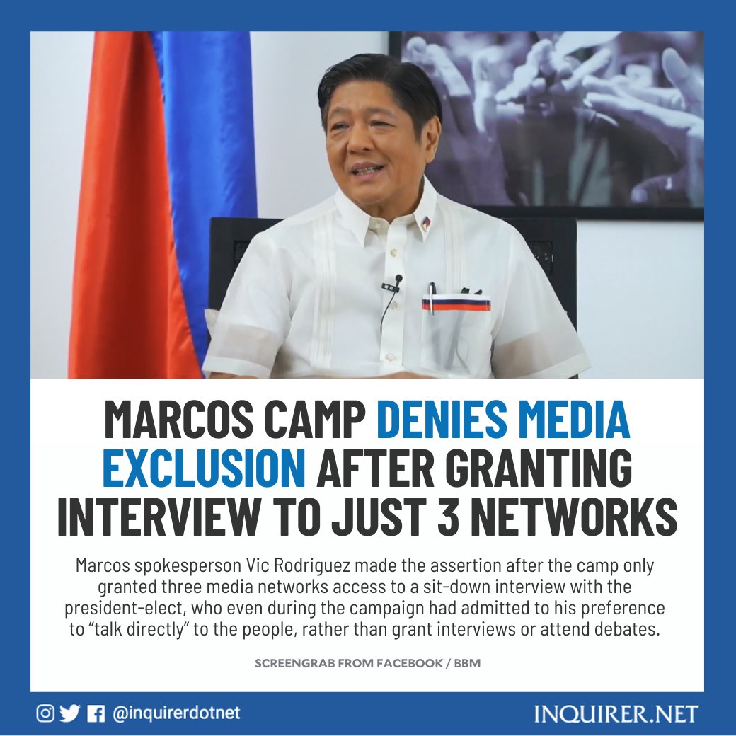 inquirerdotnet's tweet photo. The camp of incoming president Ferdinand Marcos Jr. said it has no policy of excluding some media networks in the coverage of the incoming chief executive.

READ: https://t.co/s02xp3okWG https://t.co/aPAmaa18eO