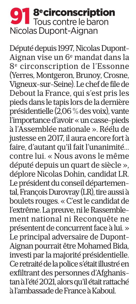 Emmanuelle_SF's tweet photo. "Le principal adversaire de Dupont-Aignan pourrait être @MohamedBida2022. Ce retraité de la police s'était illustré en exfiltrant des personnes d'Afghanistan alors qu'il était rattaché à l'ambassade de France à  Kaboul".
#circo9108 #Montgeron #Yerres #Vigneux #Crosne #Brunoy https://t.co/sGHJbn8W9v