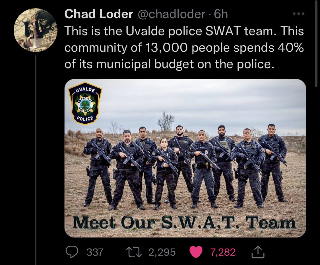 westonpagano's tweet photo. At Uvalde, police:

- lied about the shooter having body armor
- lied about barricading him in
- couldn’t get past one locked door
- stood outside while he killed for 40+ mins
- drew weapons on parents who demanded they act and considered charging in themselves out of desperation https://t.co/RarFwHXDCe