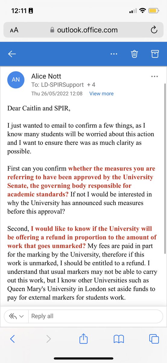 alicelauramay's tweet photo. I tried to reply to the department email today about the action @UniofNottingham is taking.
It wouldn’t let me send this email to the other students in my department. So I choose to share it here instead.
Students deserve answers to all these questions. #SaveUoN #SaveHE https://t.co/GjF48OI8Xy