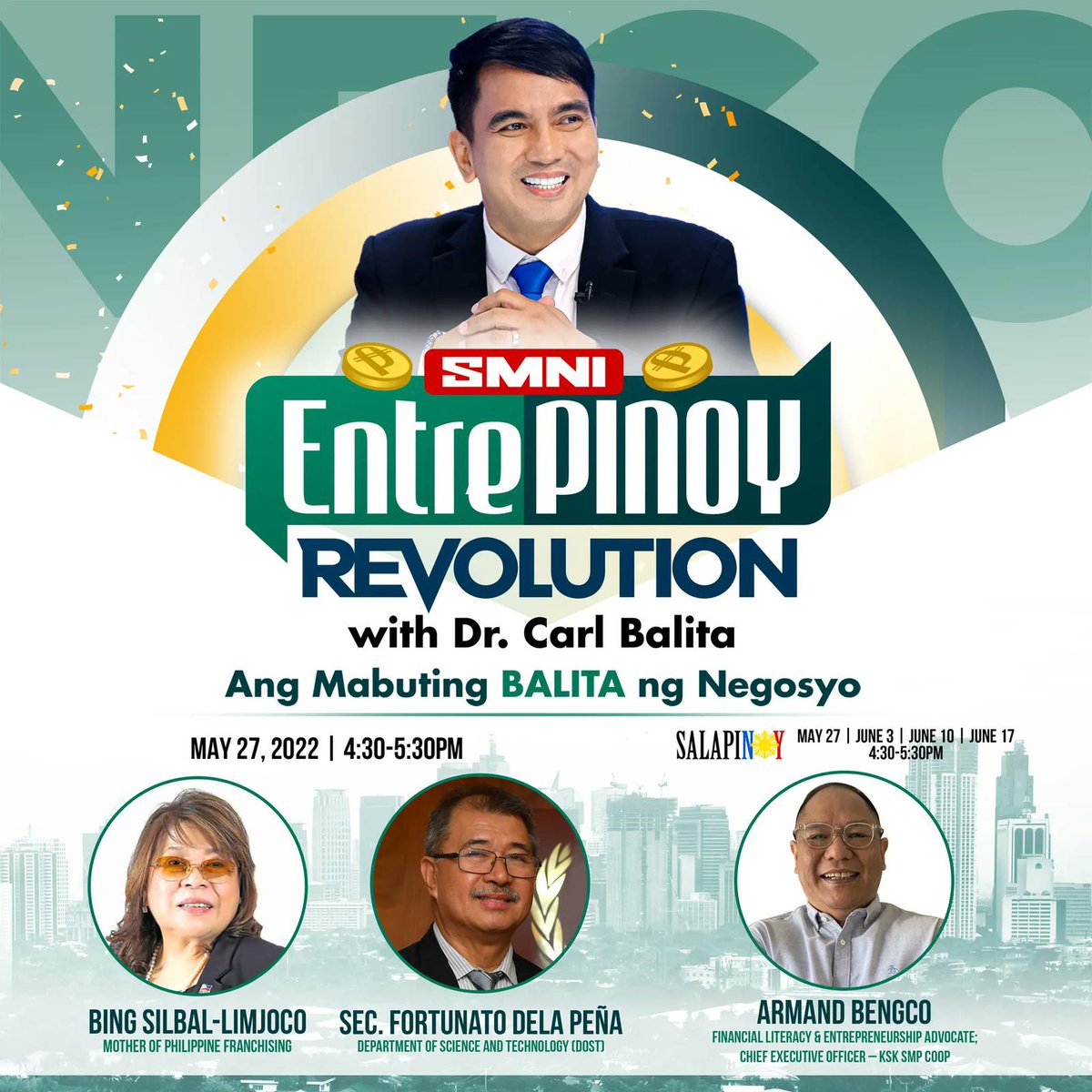 smninews's tweet photo. 1 DAY TO GO! 

We will be graced with DOST Sec. Fortuna Dela Peña &amp; Mr. Armand Bengco's presence on our pilot episode! 

#EntrePinoy #Entrep #EntrepinoyRevolution #entrepreneur https://t.co/lyMaTGIhNA