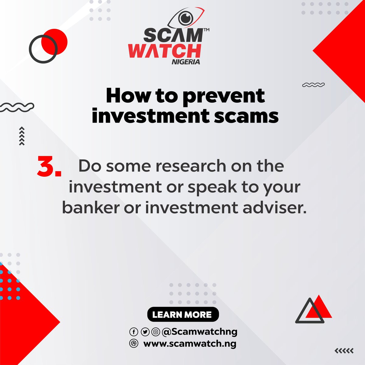 ScamwatchNG's tweet photo. The #Bank and Investment Advisers exists for a reason. They'll guide you through making the right choices. Speak with them whether or not you are in doubt about an #Investment Scheme. Learn More >>> https://t.co/1Z8AH15CEy
#InvestmentScam #InternetSafety #ScamWatchNG https://t.co/bczw0mCEPD