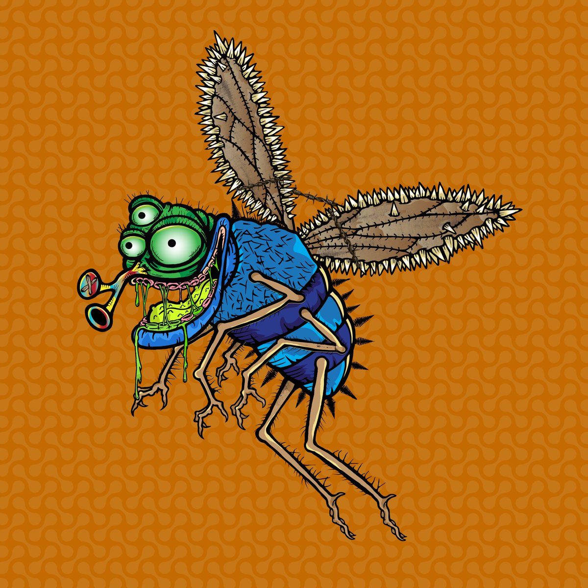 hippopub's tweet photo. Meet "Bluey Threen von Dorange" # 3102 for .017 ETH, hailing from a family of 8 Three Eyed Green flies resting on their Dark Orange background. Half of the family, including Bluey, are in bad need of dental care. #DailyFunkyFly @funky_flies @gruntleddesign #NFTCommunity #zzzzzz https://t.co/xlv5tga5oh