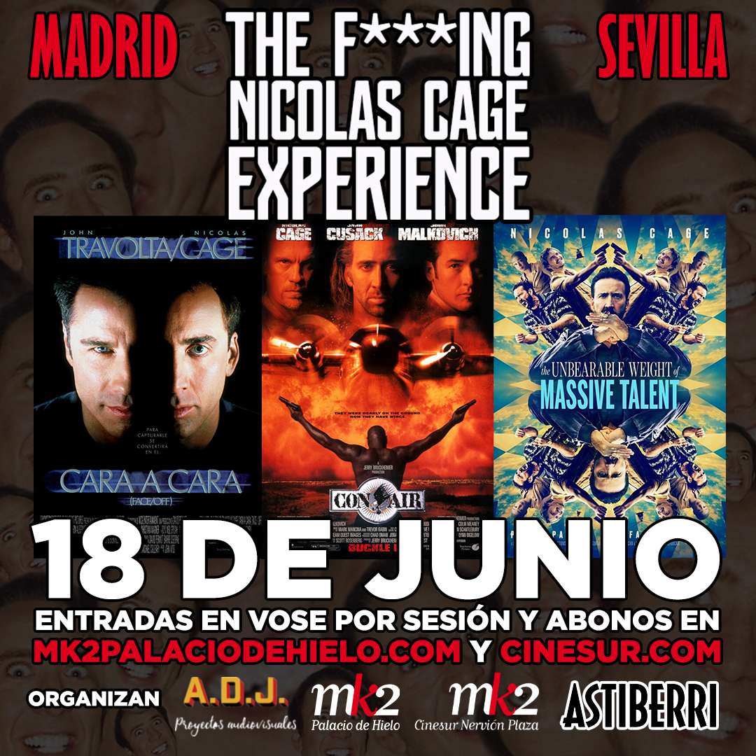 cinecutre's tweet photo. ¡Llega THE F***ING NICOLAS CAGE EXPERIENCE! 

La celebración definitiva de un actor irrepetible. 18 de junio en @mk2_es. Con la proyección de:

“Cara A Cara” (1997)
“Con Air” (1997)
“El Insoportable Peso De Un Talento Descomunal” (2022)

Entradas y abonos: https://t.co/Gp1SIKGevd https://t.co/lbNAllFNEM