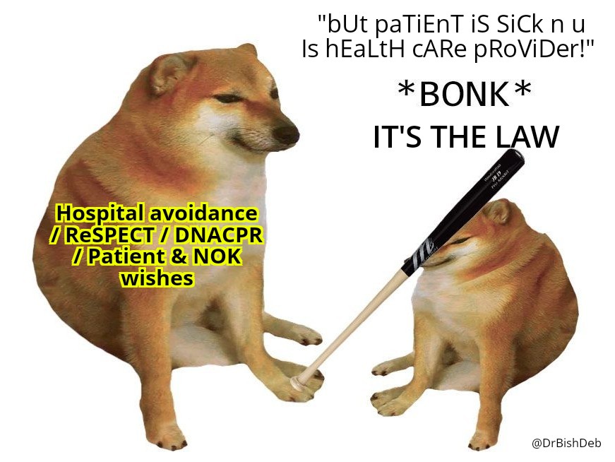 Please let older cormorbid people who want to avoid hospital with the aim of one day dying at home, or at least want to comfort/dignity in their final moments, & have ***legal documents*** to that effect, do so as requested 
#ReSEPCT #DNACPR #PatientAutonomy