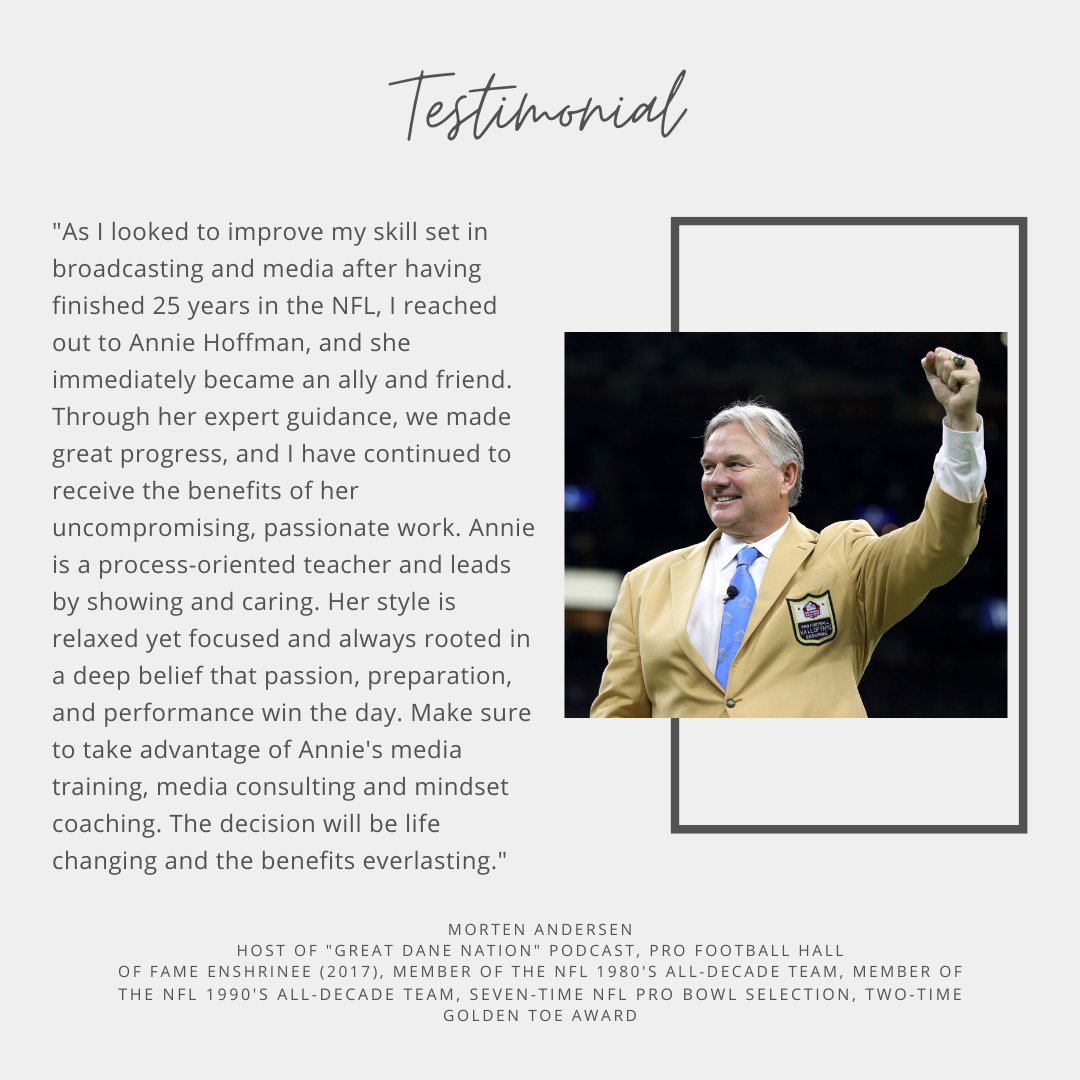 anniehhoffman's tweet photo. This week’s testimonial comes from seven-time Pro Bowler and Hall of Famer, Morten Andersen. @GreatDane2544 played in the NFL for 25 seasons. In 2017, he was inducted into the Pro Football Hall of Fame. Morten co-hosts a sports gambling podcast on @VegasInsider, @GreatDaneNation. https://t.co/v2GNcoDSeY