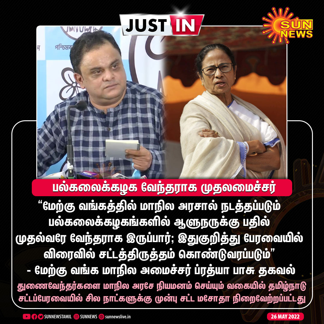sunnewstamil's tweet photo. #JUSTIN | மேற்குவங்கத்தில் மாநில பல்கலைக்கழங்களின் வேந்தராக முதலமைச்சர் - அமைச்சர் ப்ரத்யா பாசு தகவல்
#Sunnews | #WestBengal | #Universities https://t.co/xOTbkfIstT