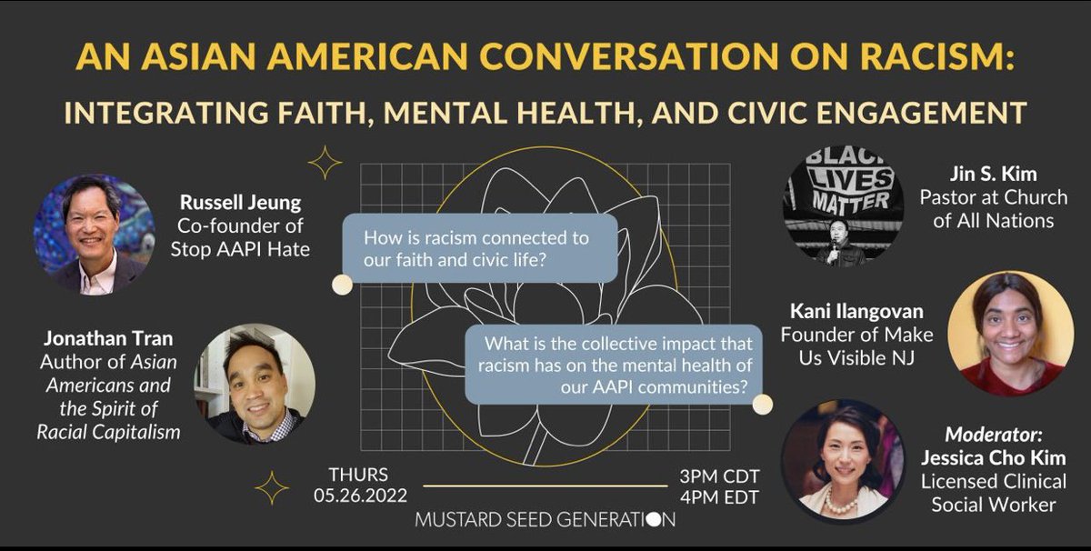 JessCKim1's tweet photo. It’s a great privilege to moderate this amazing panel. I’m ready to learn something as we consider racism in the context of faith, mental health, and civic engagement. 

Join us on today, May 26th at 4pm EDT / 3pm CDT Sign up through this link here: https://t.co/7XsHKAgui1 https://t.co/dEbI8PKvRP