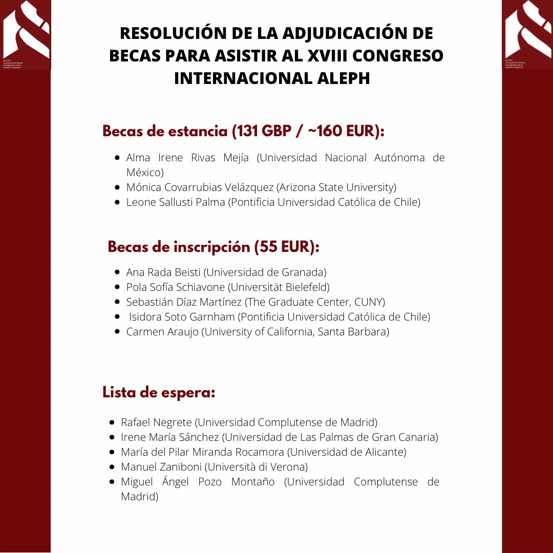 AsociacionALEPH's tweet photo. Estimadxs socixs:

Nos complace anunciaros la resolución de la adjudicación de becas para asistir al "XVIII Congreso Internacional ALEPH: Formas de pensar el cuerpo en las culturas hispánicas". 

¡Enhorabuena! https://t.co/ezkbm467TI