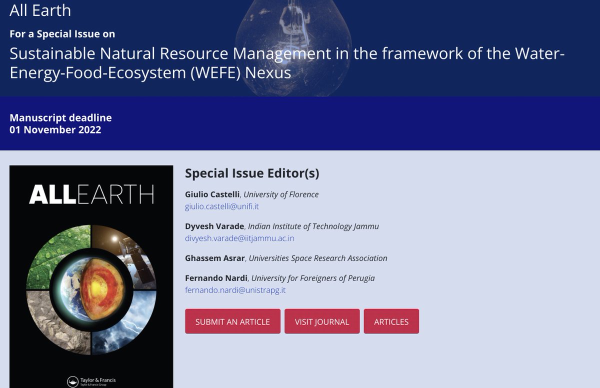 GiulioCst's tweet photo. Do not missi our special issue on @tandfenviro #AllEarth journal on #WEFE Nexus!
The special issue is co-organized by @PrimaProgram @NexusNess_Prima project.
@primaitaly @DagriUnifi https://t.co/BodMsk3bpp
