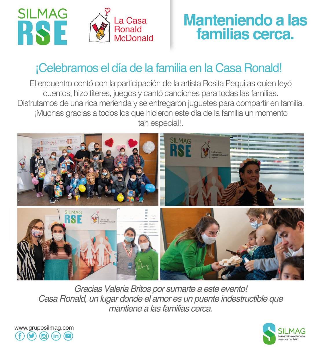🥳El pasado lunes 16/05 celebramos el día de la familia en Casa Ronald.
Fue una tarde llena de cuentos, juegos y risas.
⬇️ Acá te contamos mas.
#SilmagRSE #CasaRonald #ManteniendoALasFamiliasCerca