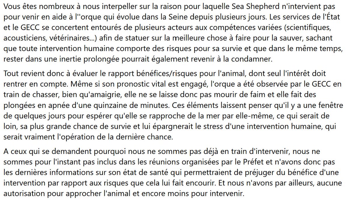 SeaShepherdFran's tweet photo. Sea Shepherd propose ses bateaux à l'État pour tenter de sauver l'orque dans la Seine.
Nous sommes prêts à nous relayer jour et nuit s'il le faut pour l'aider à regagner le large. 
@AdeMontchalin @Prefet76 @EmmanuelMacron @Elisabeth_Borne https://t.co/tsh2BMWpOs