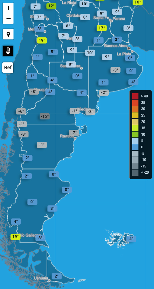 SMN_Argentina's tweet image. ¡Qué #frío!🥶La mañana del jueves comenzó gélida en varias provincias de la #Argentina. En el centro y sur del país, las #temperaturas están por debajo de 0°C en forma local. 

🌡️📊En Maquinchao, Río Negro, la #temperatura fue inferior a -14°C. 

smn.gob.ar