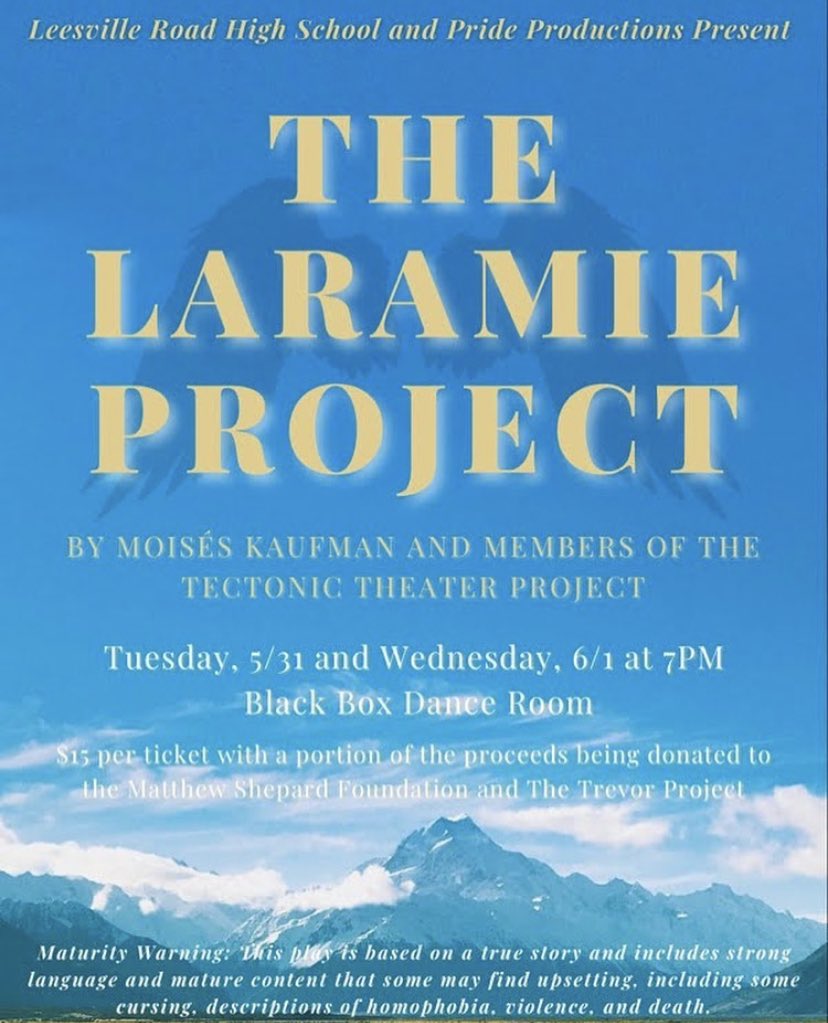 The Leesville Road High School Theater Department welcomes you to come see their MainStage  production of “The Laramie Project” on 5/31 and 6/1 in the Black Box Dance Room at 7PM! <a href="/leesvilleroadhs/">Leesville Road High</a> <a href="/LRHS_Stage/">LRHS Pride Productions</a> <a href="/LRHS_PTSA/">Leesville Road High School PTSA</a> 
leesville.booktix.com