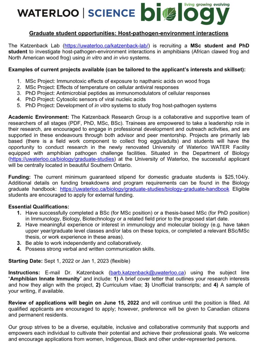 drhammed's tweet photo. Fully funded MSc &amp; PhD positions at the University of Waterloo, Canada

Suitable for students with background (&amp; interest) in Immunology, Biology, Biotechnology, Microbiology &amp; related fields.

Review of apps starts on June 15, 2022

Please apply👇 https://t.co/0ODhhsaAV3