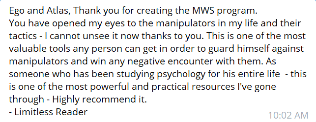 The Bad news:Unless you know exactly what manipulative techniques are and how they are used, you probably won't see it happen and let the emotions dig your own grave.27.That's how many modules are in Mental Warfare Strategies.All you need. http://mws.crd.co 