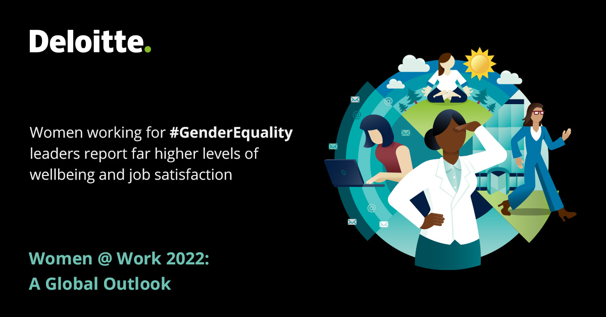 Deloitte's tweet photo. #GenderEquality leaders have a competitive advantage; with higher job satisfaction and more positive experiences with hybrid working. Learn more in Women @ Work 2022: A Global Outlook #WomenAtWork22. https://t.co/0NW7wXHSQS https://t.co/xvtIMcxtly