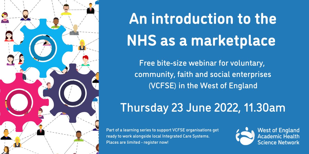 An introduction to the NHS as a marketplace: free online webinar for small VCFSE orgs &amp; start-ups, interested in working with local health &amp; care systems.

23 June 2022, 11.30am - 12.30pm

Find out more &amp; register 👇weahsn.net/event/free-web…