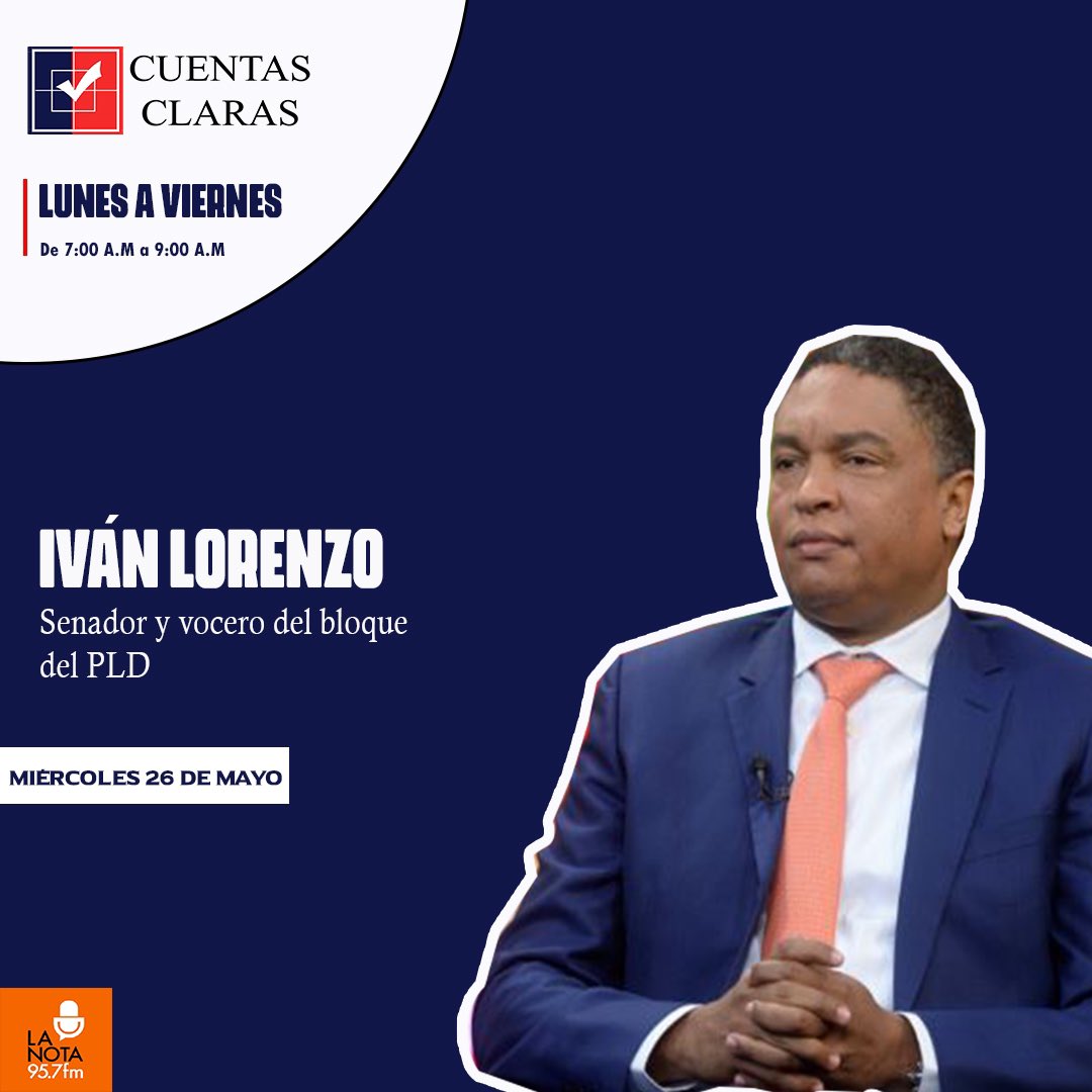 Hoy estará con nosotros el senador y vocero del bloque del <a href="/PLDenlinea/">PLD</a> , @Senadorivanl 

Sintoniza con nosotros por la frecuencia 95.7 F.M. 

<a href="/JoseMonegro/">José P. Monegro</a> <a href="/luisrgarcia15/">Luis García</a> <a href="/germanmarte4/">German Marte</a> <a href="/LopezMorrobel/">Hugo López Morrobel</a> <a href="/wilkindelacruz/">Wilkin de la Cruz</a> <a href="/GomezJR02/">Juan Gomez</a>