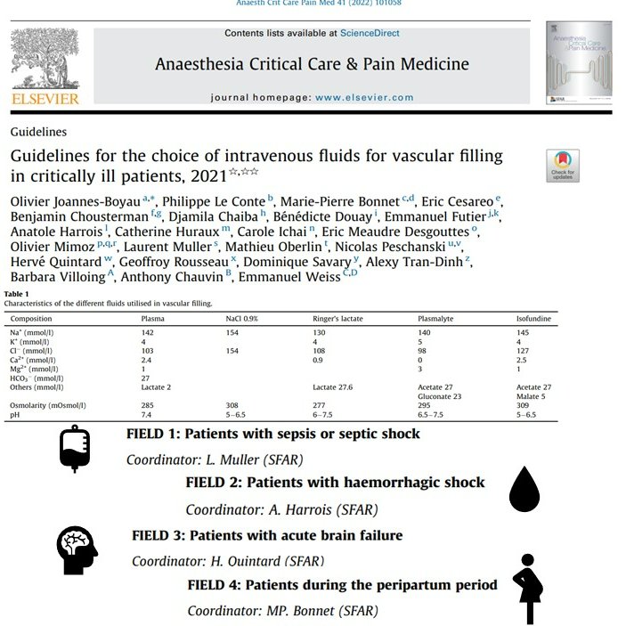 Anaesthesia Critical Care & Pain Medicine (ACCPM) (@accpmj) on Twitter photo 🚨GUIDELINES for THE CHOICE of INTRAVENOUS FLUIDS for VASCULAR FILLING in CRITICALLY ILL PATIENTS 🚨
🦠Sepsis/septic shock
🩸 Haemorrhagic shock
🧠Acute brain failure
🤰 Peri-partum.
✨New recommendations published in <a href="/AccpmJ/">Anaesthesia Critical Care & Pain Medicine (ACCPM)</a>
doi.org/10.1016/j.accp…✨ 🚨GUIDELINES for THE CHOICE of INTRAVENOUS FLUIDS for VASCULAR FILLING in CRITICALLY ILL PATIENTS 🚨
🦠Sepsis/septic shock
🩸 Haemorrhagic shock
🧠Acute brain failure
🤰 Peri-partum.
✨New recommendations published in <a href="/AccpmJ/">Anaesthesia Critical Care & Pain Medicine (ACCPM)</a>
doi.org/10.1016/j.accp…✨