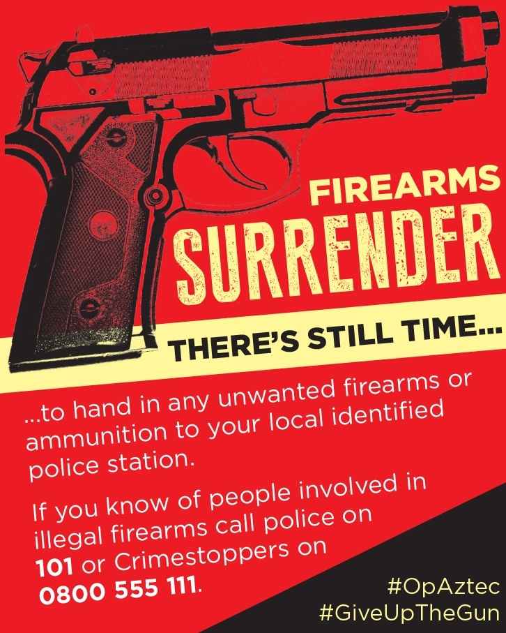 NWPolice's tweet image. There’s still time to hand in any unwanted firearms or ammunition to your local identified police station. Find out more here 👉 orlo.uk/GlEtY 

If you know of people involved in illegal firearms call police on 1️⃣0️⃣1️⃣ or Crimestoppers on 0800 555 111 ☎️.    

#OpAztec