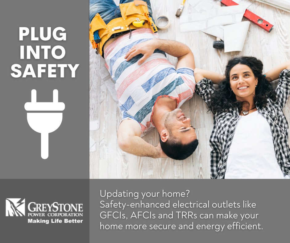 GreyStonePower's tweet photo. If you’re planning home improvement projects, make sure your outlets are up to code. Ground fault circuit interrupters (GFCIs), arc fault circuit interrupters (AFCIs) and tamper resistant receptacles (TRRs) increase the safety of your home. #PlugIntoSafety https://t.co/6rzAoo8epW