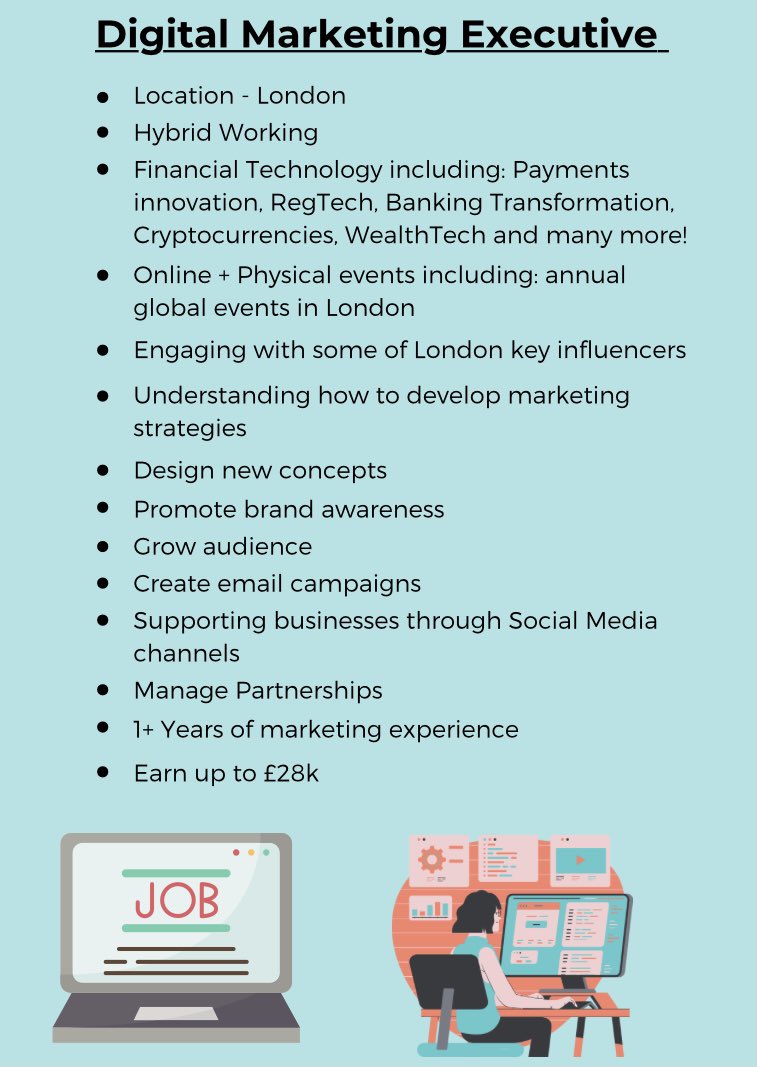 fintech_talent's tweet photo. @fintech_talent are looking for a Digital Marketing Executive 👩🏽‍💻

To apply for this position, please click on the link below: 

https://t.co/MY28rLytO3 

#fintech #FinTechNews #payments #banking #jobs https://t.co/rHmtptWgQ9