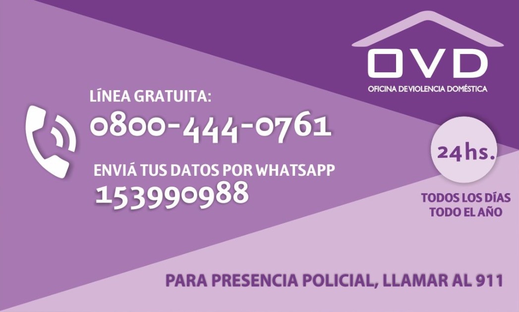 Ya está en funcionamiento la línea telefónica gratuita de la Oficina de Violencia Doméstica. Se puede llamar desde cualquier dispositivo telefónico, en todo el país, durante las 24 horas, todo el año.

📞 0800-444-0761