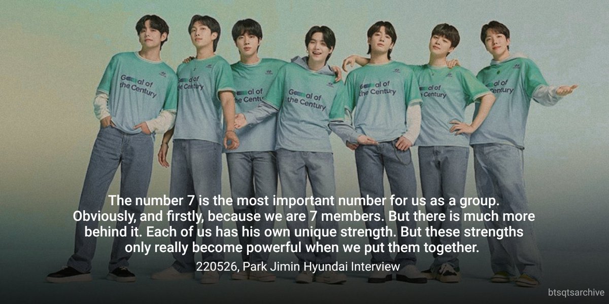 Qg_Barmys's tweet photo. 🔮 "O número 7 é o número mais importante para nós como grupo. Obviamente e primeiramente, porque somos 7 membros, [...] esses pontos fortes somente se tornam poderosos quando os colocamos juntos." 
ㅡ Park Jimin, para entrevista da Hyundai 26.05.22

@BTS_twt | ©️btsqtsarchive ☀️ https://t.co/UxMoj1FDc5