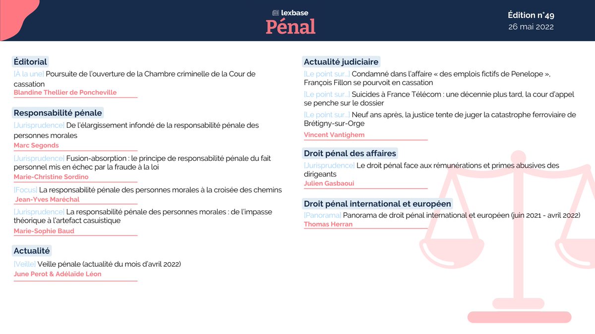 RevueLexPenal's tweet photo. ☀️📰 Le numéro de mai est en ligne ! Au sommaire : 3 articles sur #responsabilité pénale des personnes morales, panorama de droit pénal #international et #européen, actualité judiciaire...
✨ Bonne lecture et RDV fin juin pour un dossier sur la réforme de la procédure pénale ! https://t.co/EcbmwWuhb7