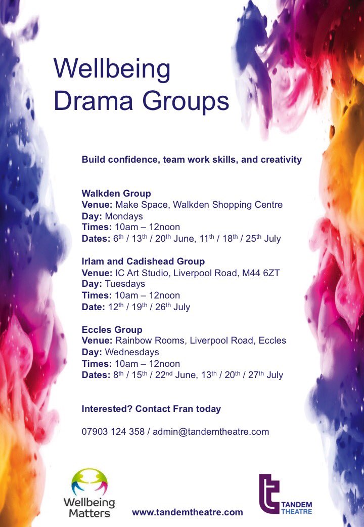 tandemtheatre's tweet photo. 📣ANNOUNCEMENT📣
🚨3 NEW Wellbeing Drama Groups across Salford 🚨
Build confidence, teamwork skills and creativity in our drama sessions to promote emotional wellbeing.
Funded by @SalfordCVS @MattersSalford
Check out the flyer for more info 👇 https://t.co/AJ7vnpw8PL