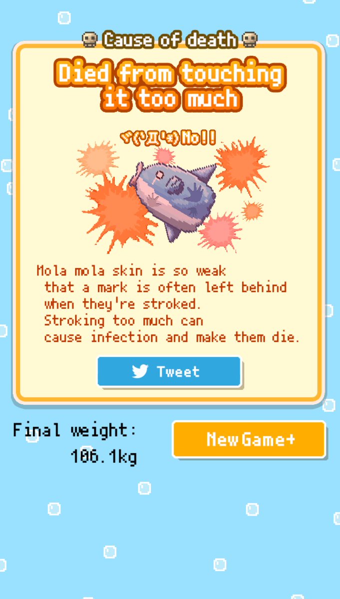 Me troliaron
がんばって育てたマンボウが…
＿人人 人人＿
＞ 突然の死 ＜
￣Y^Y^Y^Y￣
死因: [Died from touching it too much]
体重：106.1kg
無料育成ゲーム【生きろ！マンボウ】
#マンボウ selectbutton.jp/apps/manbo