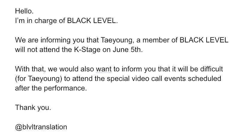 📢 NOTICE

BLACK LEVEL member Taeyoung will not be attending K-STAGE on June 5th.

#BLACK_LEVEL #블랙레벨
#TAEYOUNG #태영