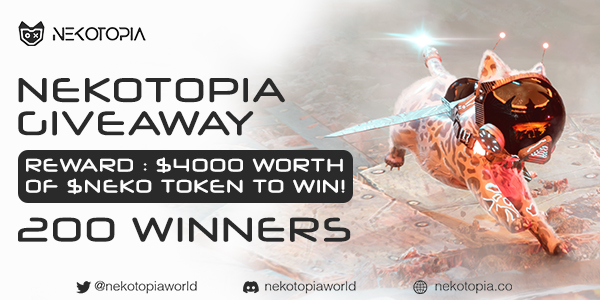nekotopiaworld's tweet photo. 📢 #Nekotopia mega #Giveaway 

💰 $4000 worth of $NEKO to be won! 
🍄 200 Winners
⏰ 7 days remaining 

Participate now: 
https://t.co/t1AHxXgoxv

#sweepstakes #Airdrop #ContestAlert #Nekotopia https://t.co/yFpIojM2Q7