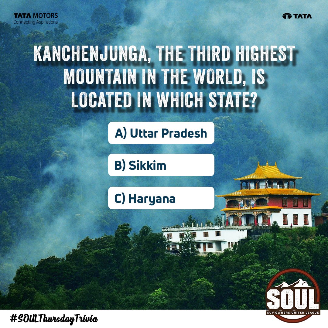 TataMotors_Cars's tweet image. Put on your thinking caps as #SOULThursdayTrivia is here with a challenge!

Guess the correct answer and comment below.

Hint – This is one of the cleanest and least populous states in India!

#DriveWithSOUL #ConnectWithSOUL #Safari #Harrier #TriviaTime