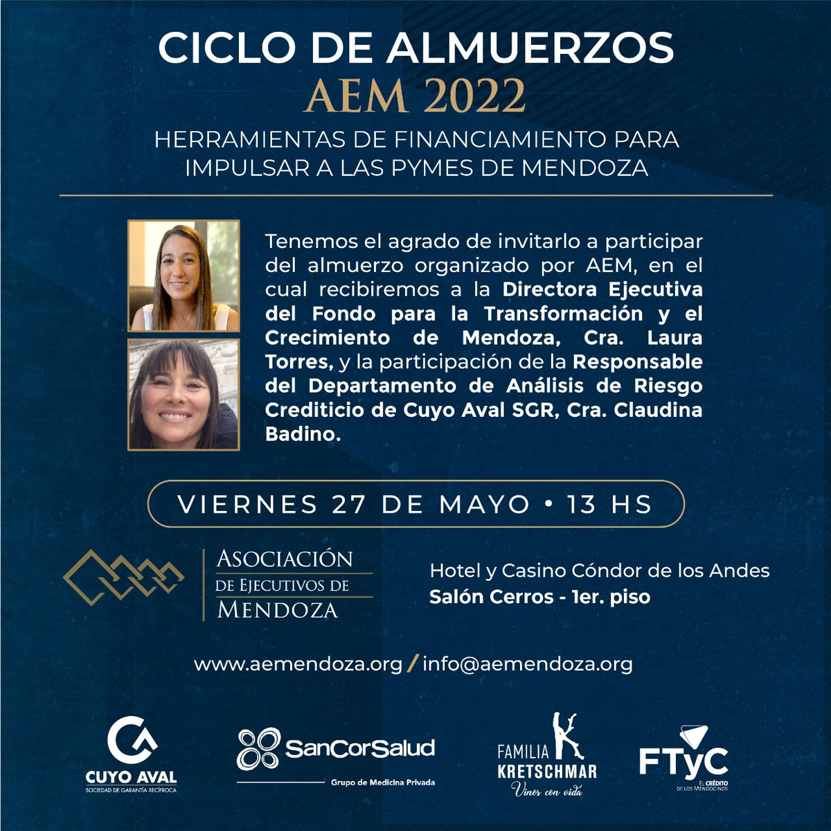 Mañana participaremos del Ciclo de Almuerzos de <a href="/AEM_Mendoza/">Asociación de Ejecutivos de Mendoza</a>, junto a <a href="/CuyoAvalSGR/">Cuyo Aval SGR</a>, asesorando sobre el financiamiento disponible para las #pymes de Mendoza.

📆 Viernes 27 de mayo
🕐 13:00
📍Hotel Cóndor de los Andes

Más info e inscripciones:
eventbrite.com.ar/e/342275504247