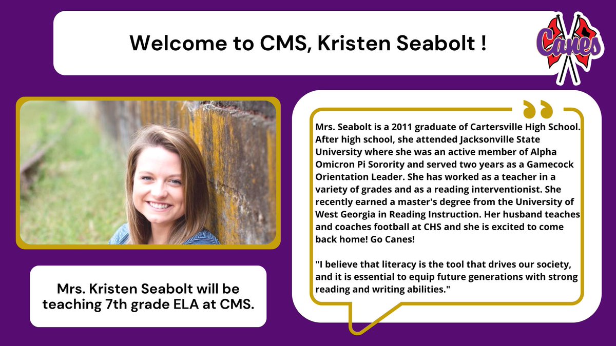 CMSCanes's tweet photo. Welcome to CMS, Kristen Seabolt! #GoCanes #LearnLikeACane https://t.co/WIFznyuDHZ