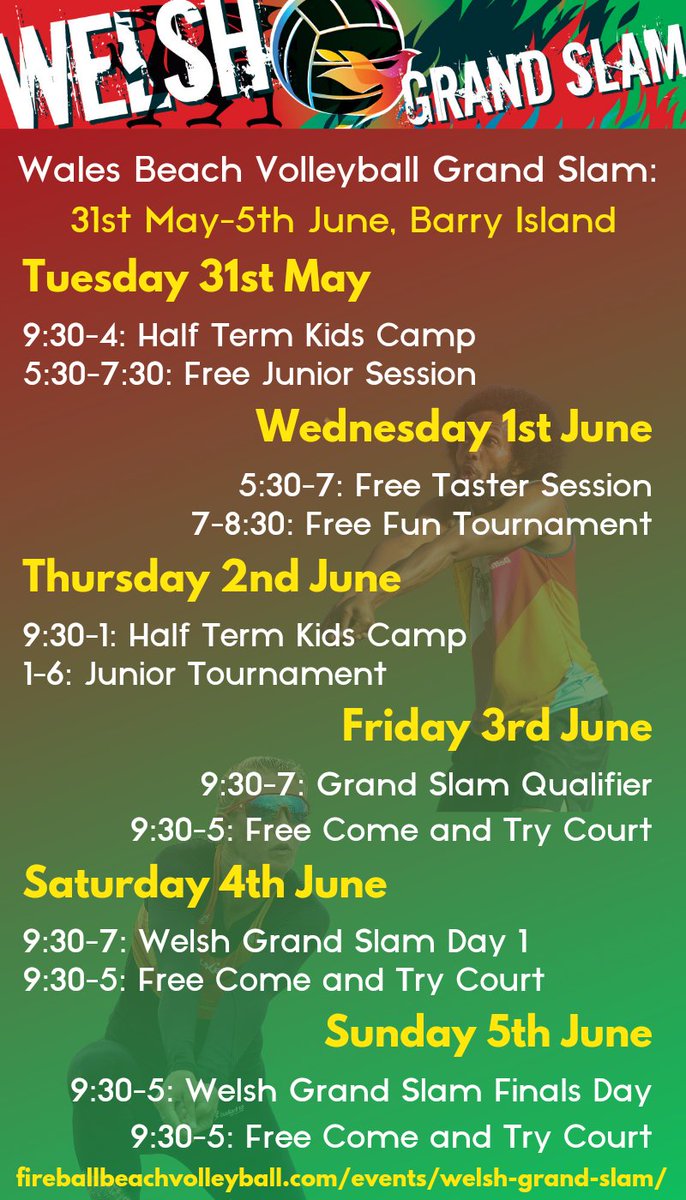 The Beach Volleyball Grand Slam at Barry Island - from Tuesday 31st May to Sunday 5 June.
Enjoy all the court side action with the Kids Camp and free taster sessions early in the week, and then the professionals in the qualifiers &amp; finals from Friday 3 to Sunday 5 June.