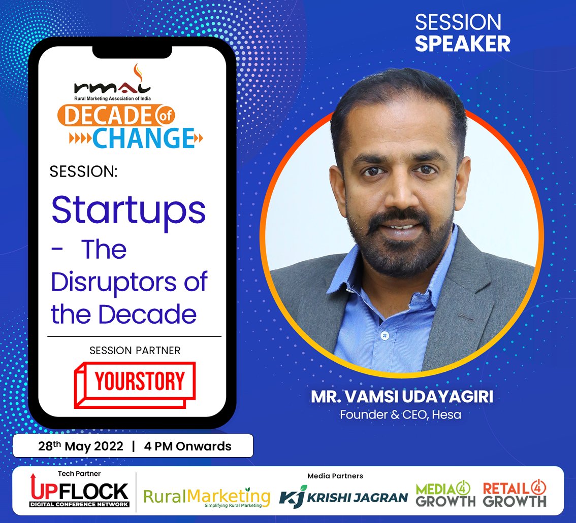 rmai_tweet's tweet photo. #DecadeofChange: Welcoming on board, Mr. @vamsikoundinya, Founder & CEO, @MyHesaApp as eminent speaker for session focused on how #startups has been disrupting and redefining #ruralIndia.
#SessionPartner: @YourStoryCo
#RegisterNow: https://t.co/AM2UXQGClx
#rmai #ruralindia https://t.co/cps7PEvxGB