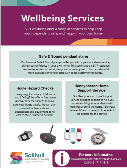 SCH Wellbeing provide a range of services in #Solihull to support you to remain independent, safe and well at home! Visit our website for more details or contact us on 0121 717 1515
@Solihullhousing <a href="/SolihullCouncil/">Solihull Council</a> <a href="/age_uk/">Age UK</a> <a href="/uhbtrust/">University Hospitals Birmingham</a> <a href="/SolihullUpdates/">Solihull Updates</a> @SolihullUHB <a href="/MindSolihull/">Solihull_Mind</a>